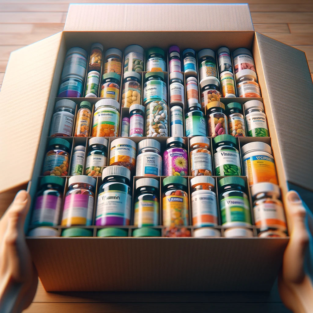 Vitamins and supplements in a box